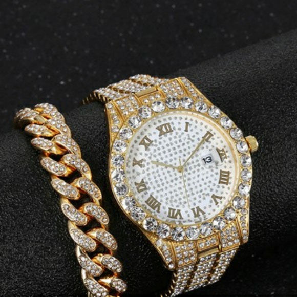 2pcs/set Rhinestone Large Dial Steel Strap Quartz Zinc Alloy Watch - Picture 3 of 7